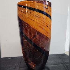Shimmering Bronze Brown Black Tiger Eye Tortoise Swirl 10" Blown Glass Vase